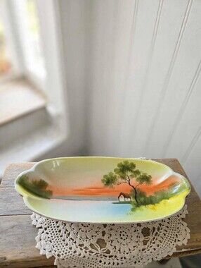 Vintage Noritake Hand Painted Landscape Relish Dish M Wreath